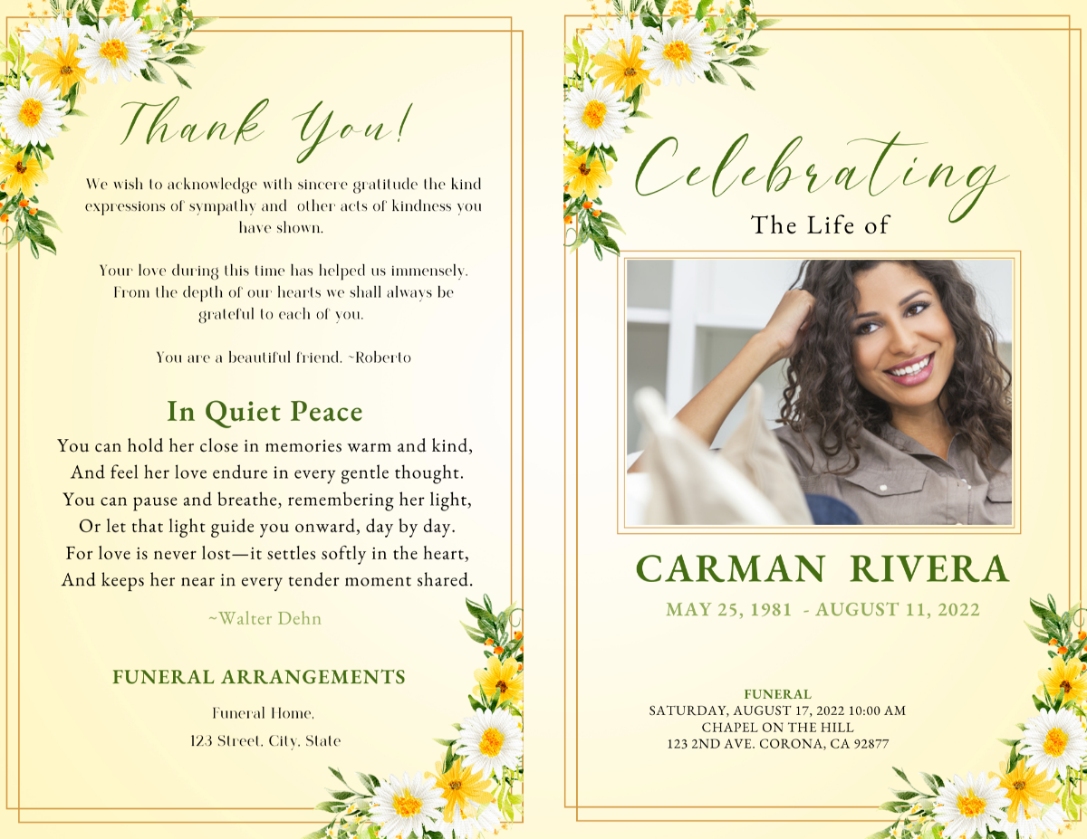 Back cover and front cover shown side-by-side. Back cover includes a Thank You message and memorial poem, with soft florals framing each section. Front cover displays the photo, name, dates, and floral borders.