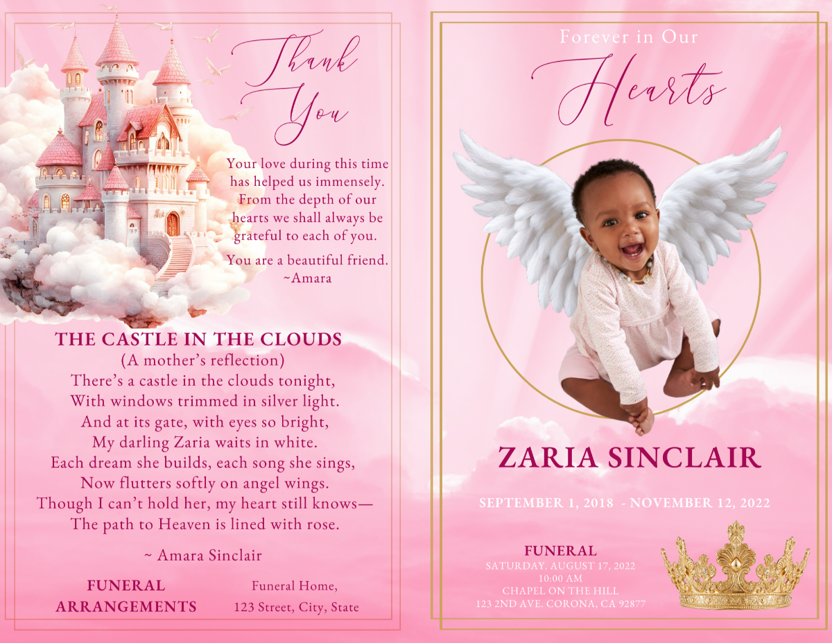Heaven’s Angel Princess — Open funeral program showing thank-you message with pink cloud background, angel castle illustration, gold framing, and poem titled “The Castle in the Clouds.”