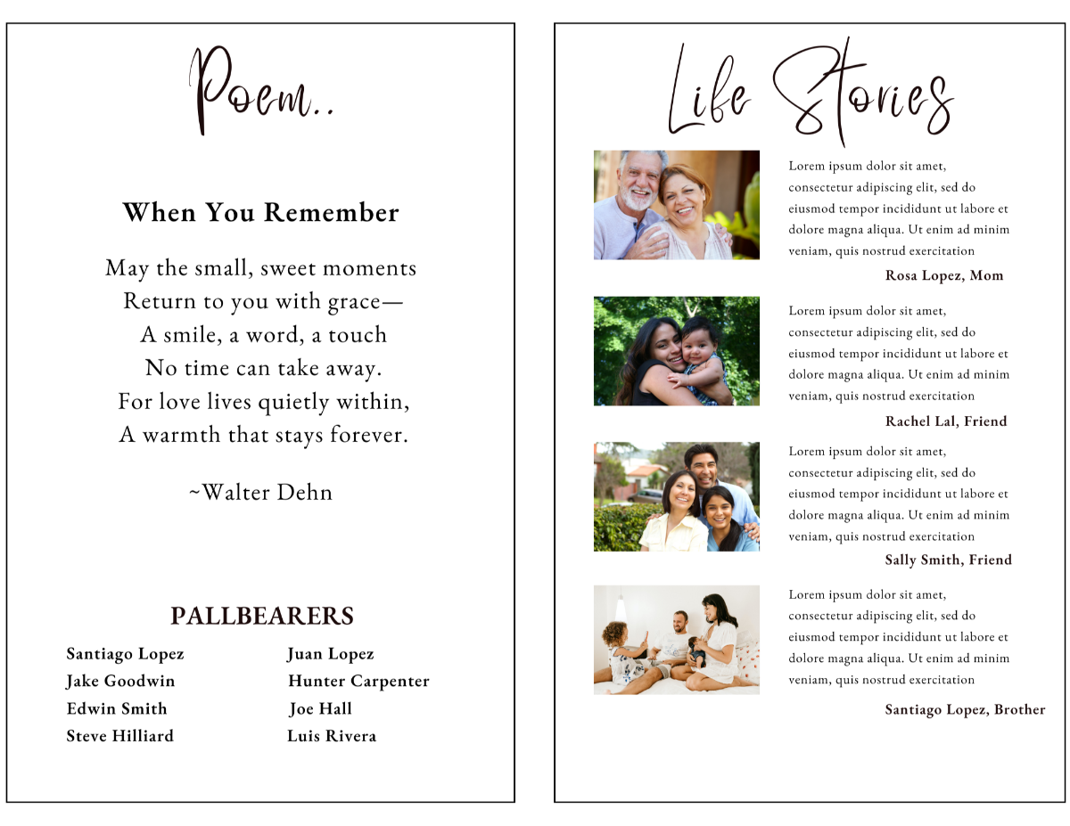 Poem and life stories pages featuring soft borders and family tribute sections with photos and elegant script headers.