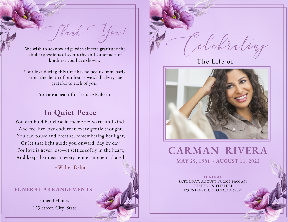 Two-page thank-you and cover spread with gentle lavender gradient, floral corners, memorial poem, and framed portrait of the loved one.