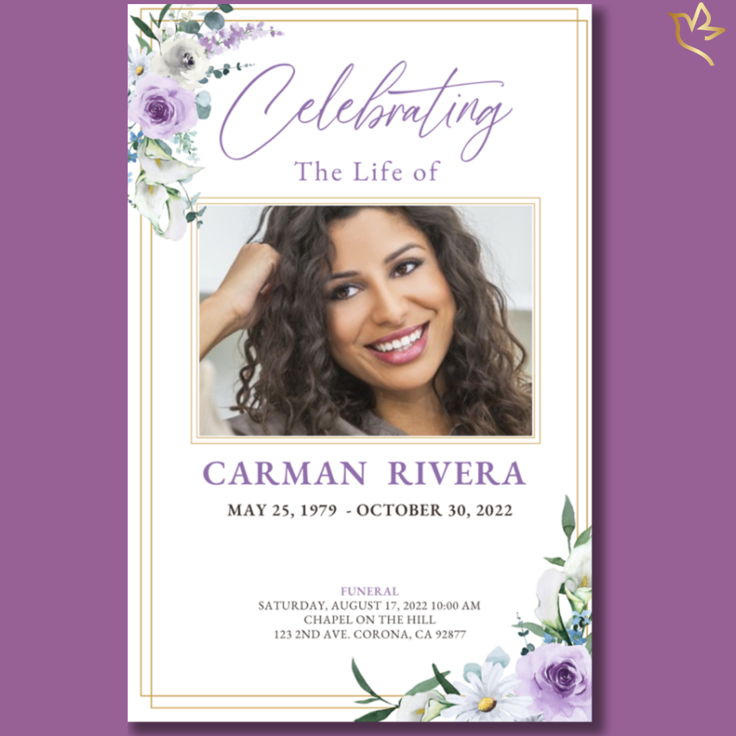 Front cover of Love and Longing Lavender Funeral Program Template with purple and white florals and gold border design.