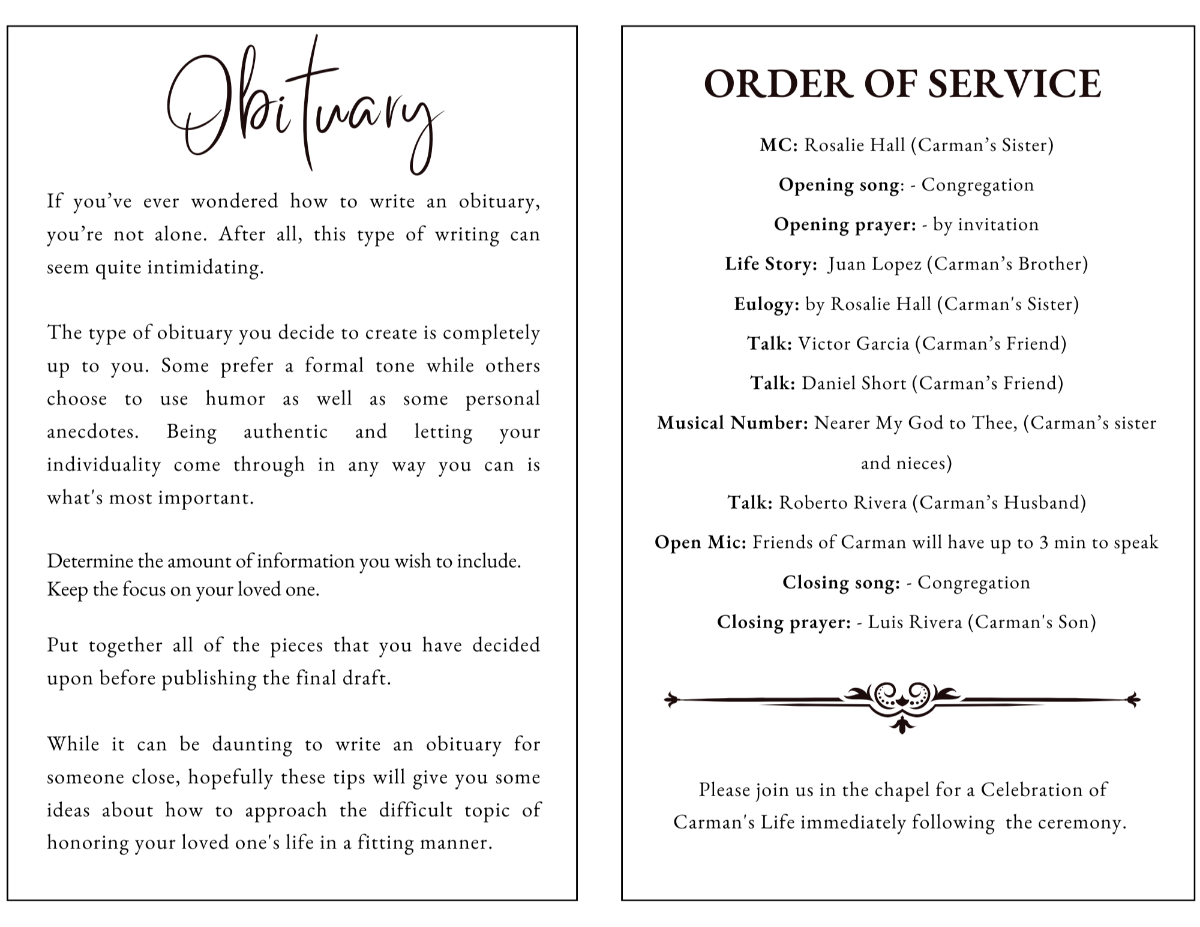 Interior obituary and order of service pages in a modern black-and-white layout with refined type and structured spacing.