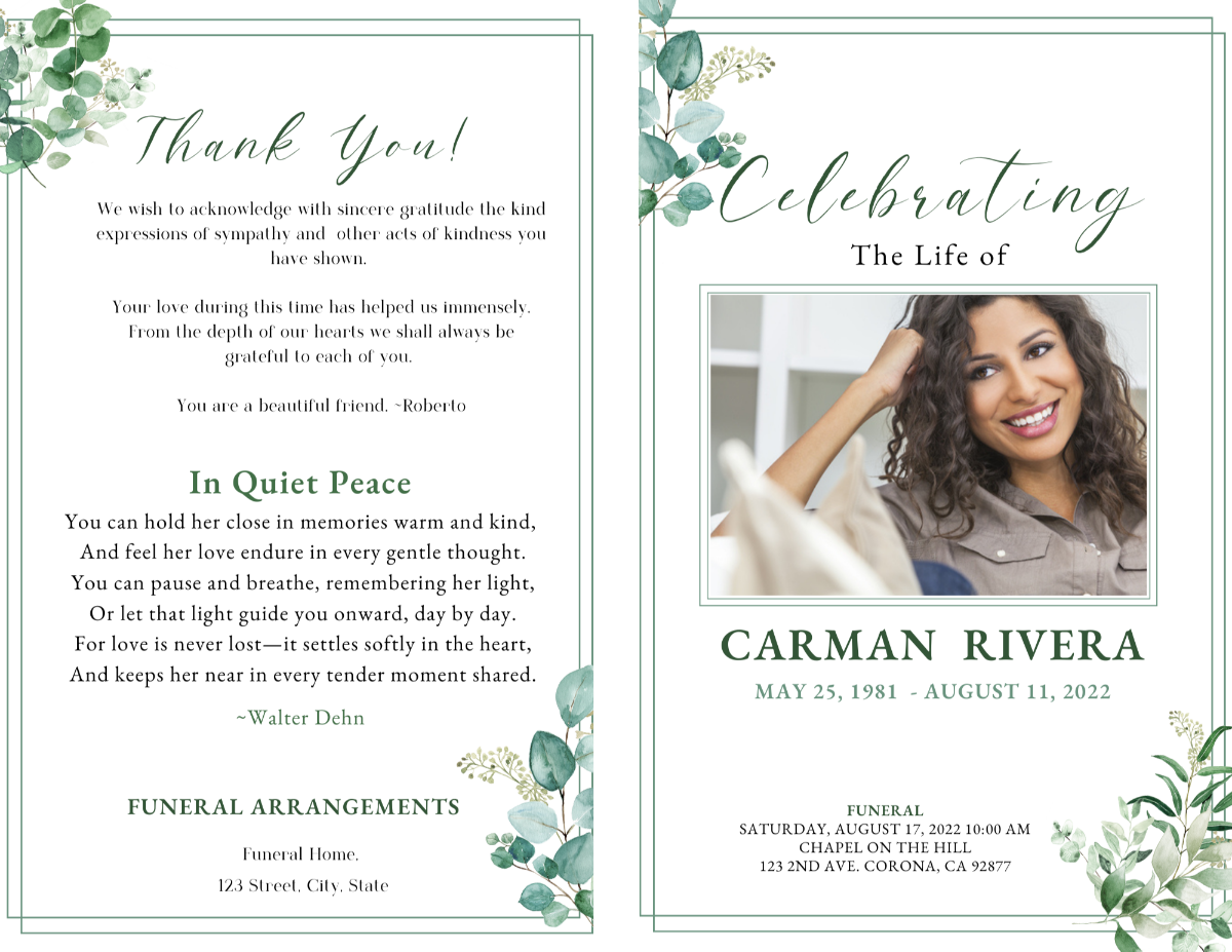 Two-page spread showing Lovely Leaves funeral program cover and thank-you page with natural leaf accents.