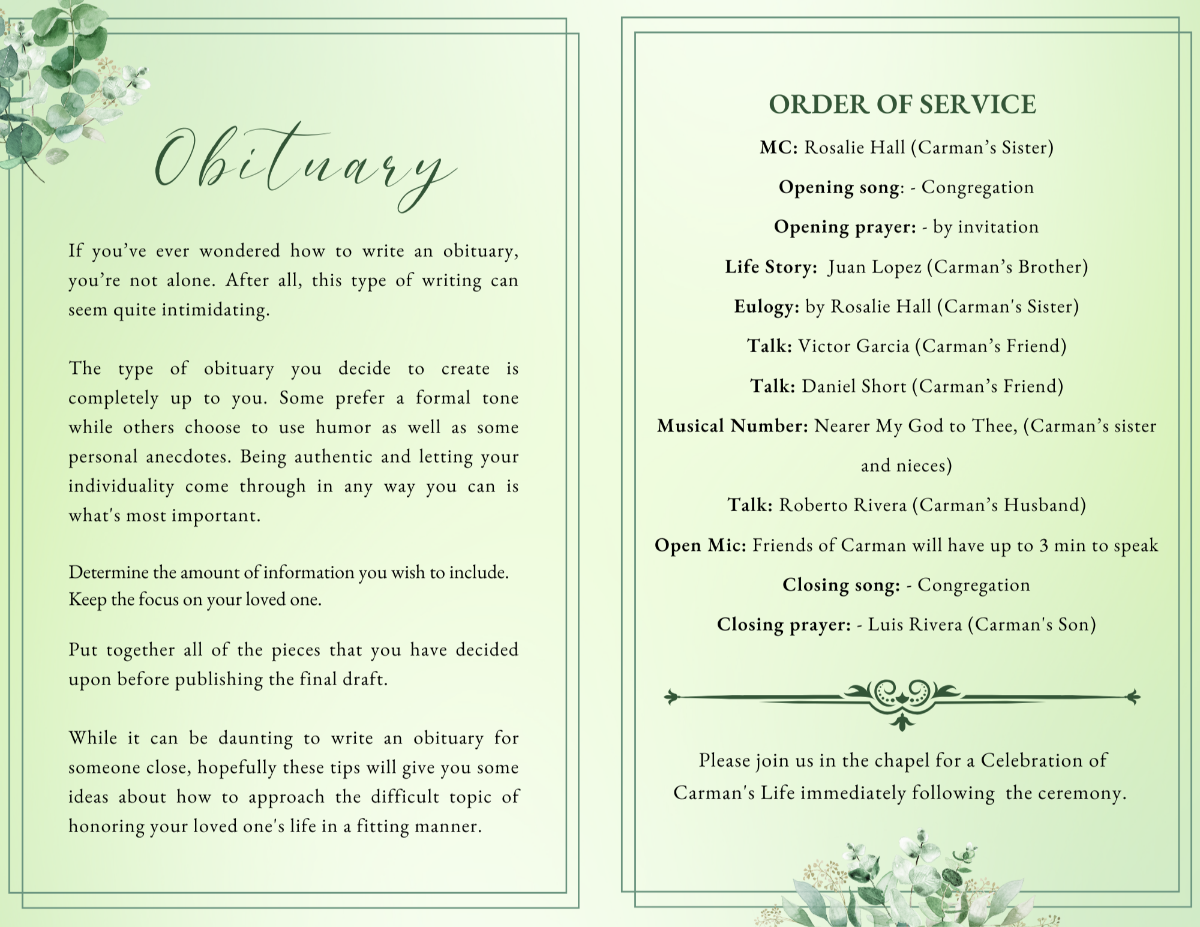 Obituary and order-of-service spread decorated with soft eucalyptus branches, green gradients, and clean framed borders for a peaceful, easy-to-read layout.
