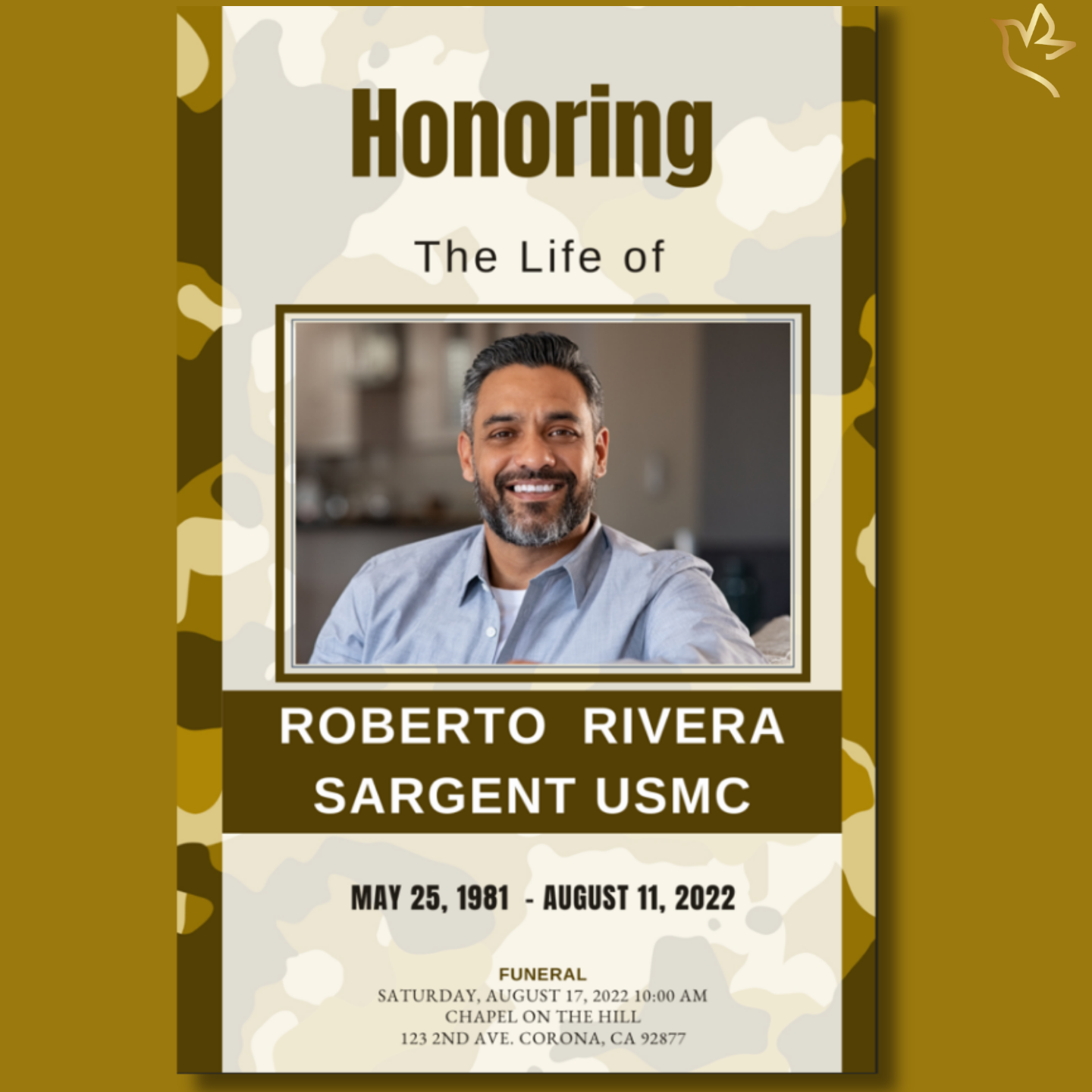 Front cover of the Honored Veteran USMC Funeral Program featuring woodland camouflage, framed photo, and strong military typography.