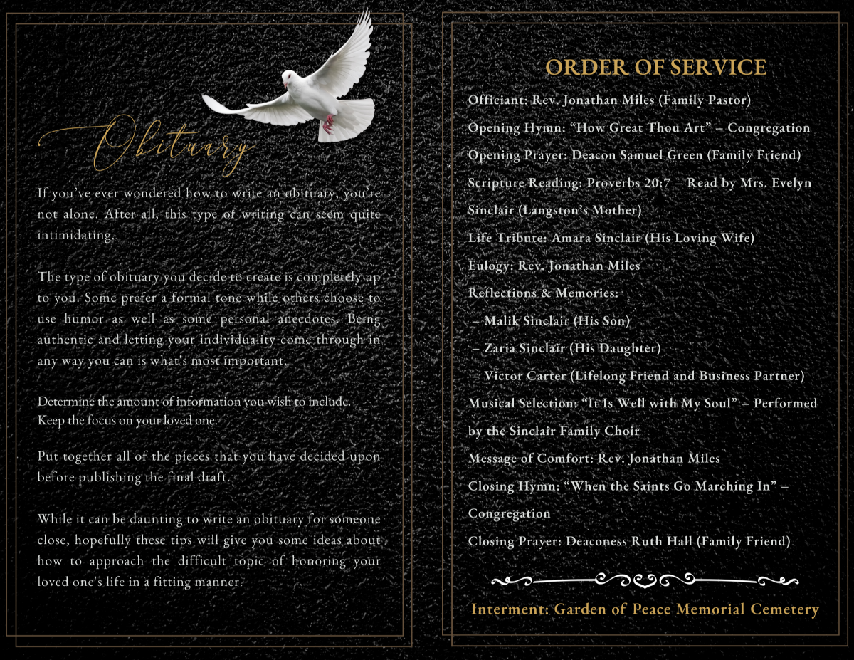 Left page with obituary guidance and dove; right page with full order of service text set on a textured black background with gold border.