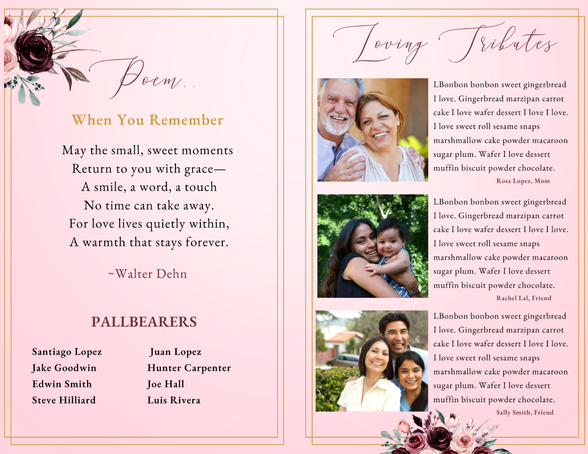 Poem and loving-tributes layout showing a memorial poem on the left and three portrait images with written tributes on the right, all set against a soft blush gradient with floral embellishments.