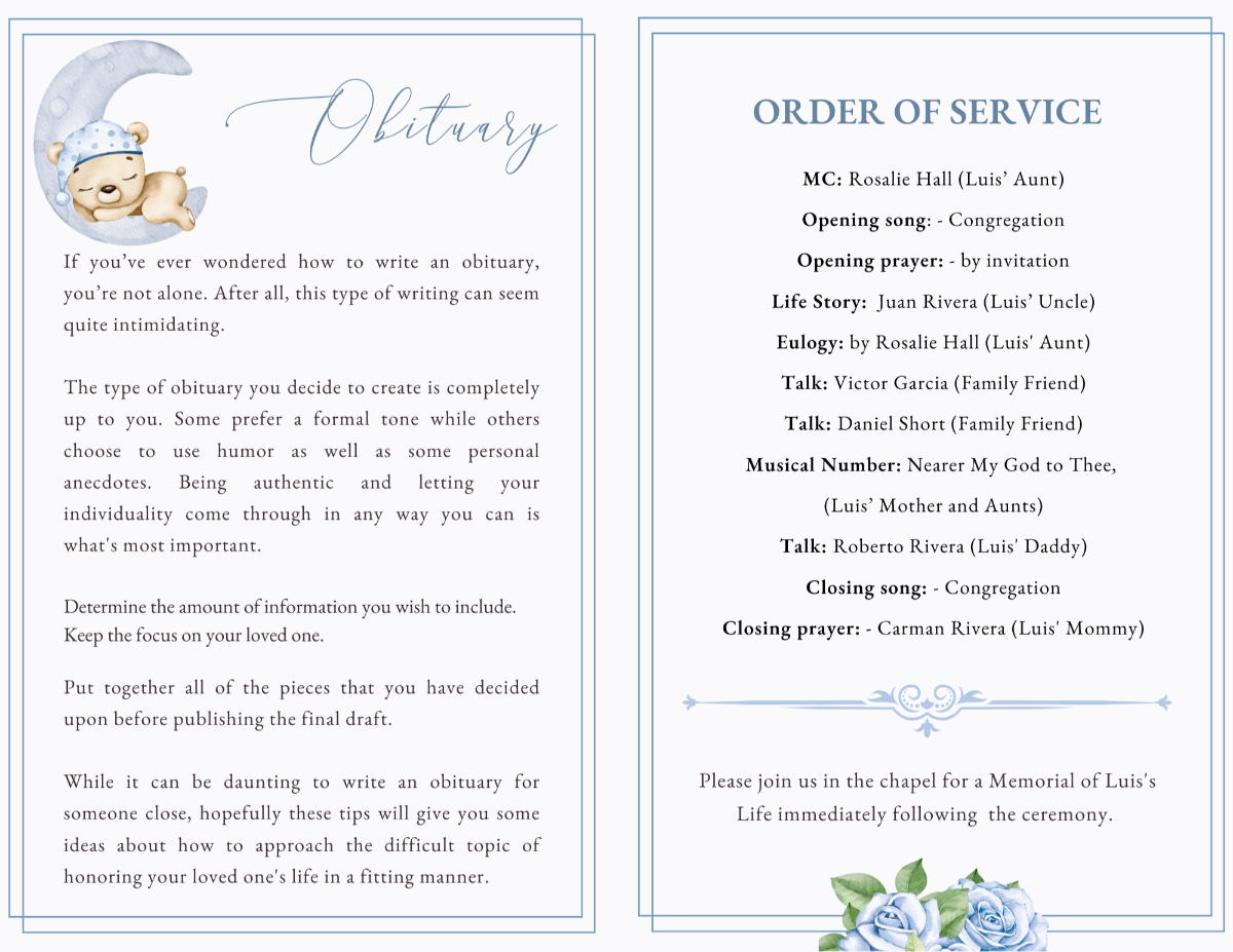 Interior layout displaying obituary and order of service pages with elegant light blue design and moon illustration.