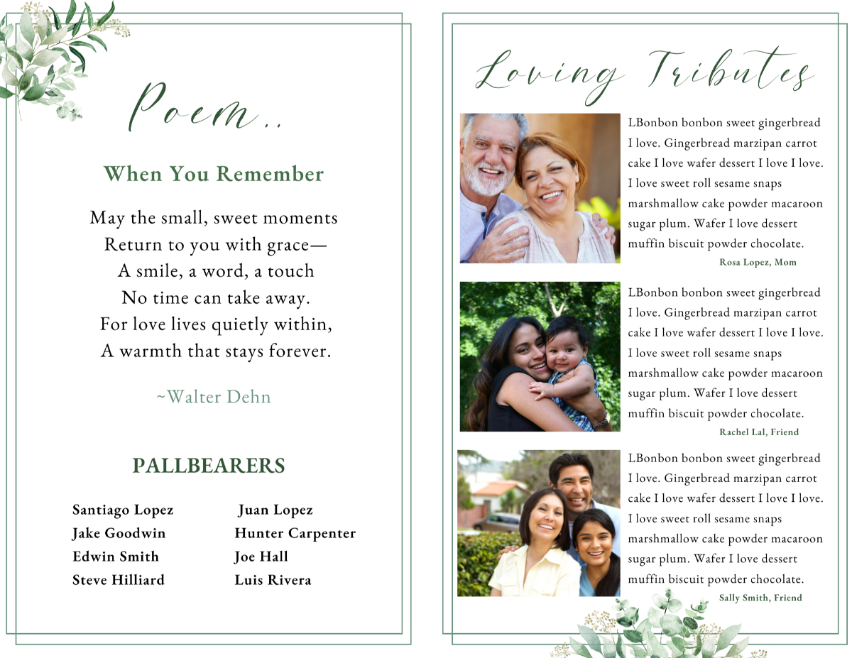 Poem and tribute layout with family photos and greenery details in calm, earthy tones.