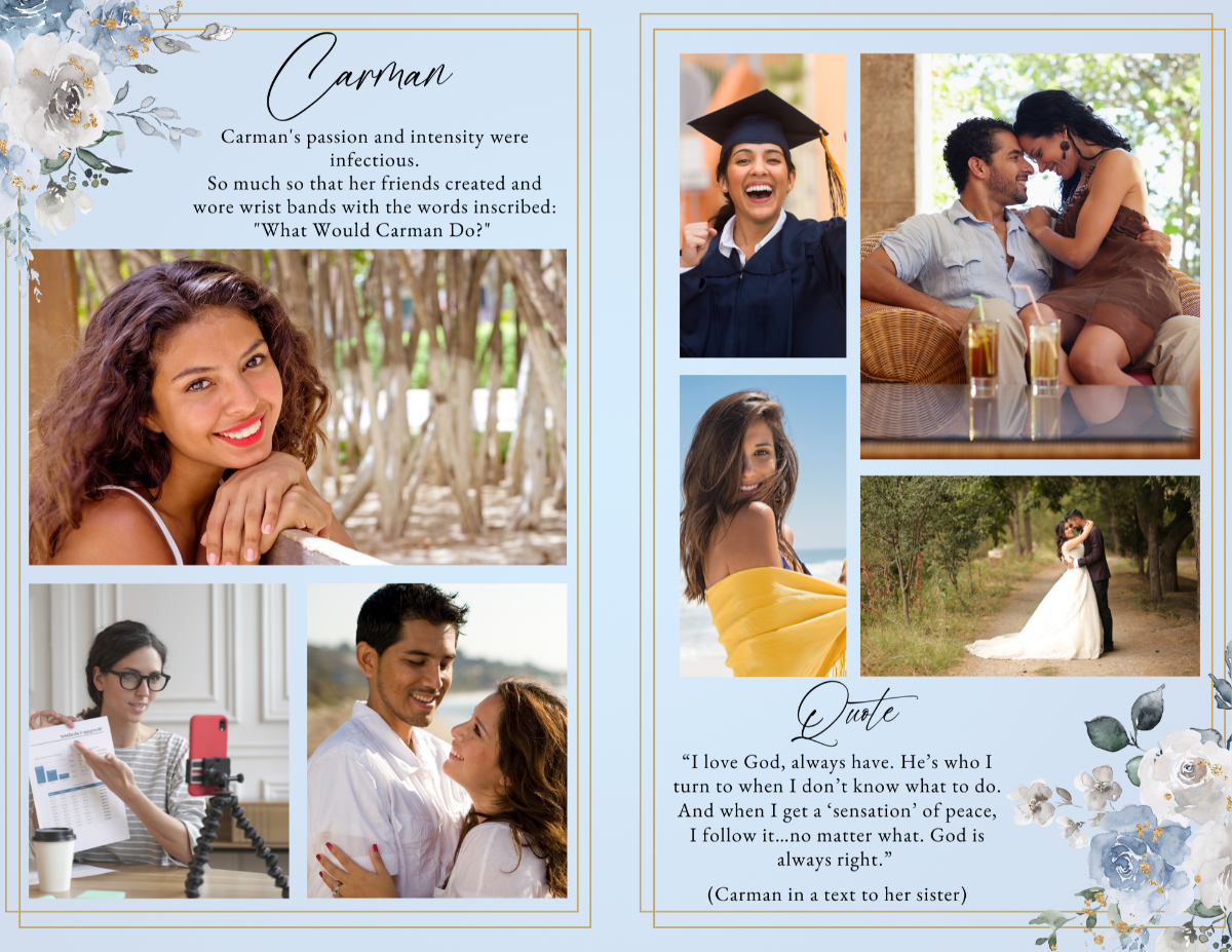 Photo collage spread featuring candid family images, accompanied by a heartfelt quote and blue floral accents.