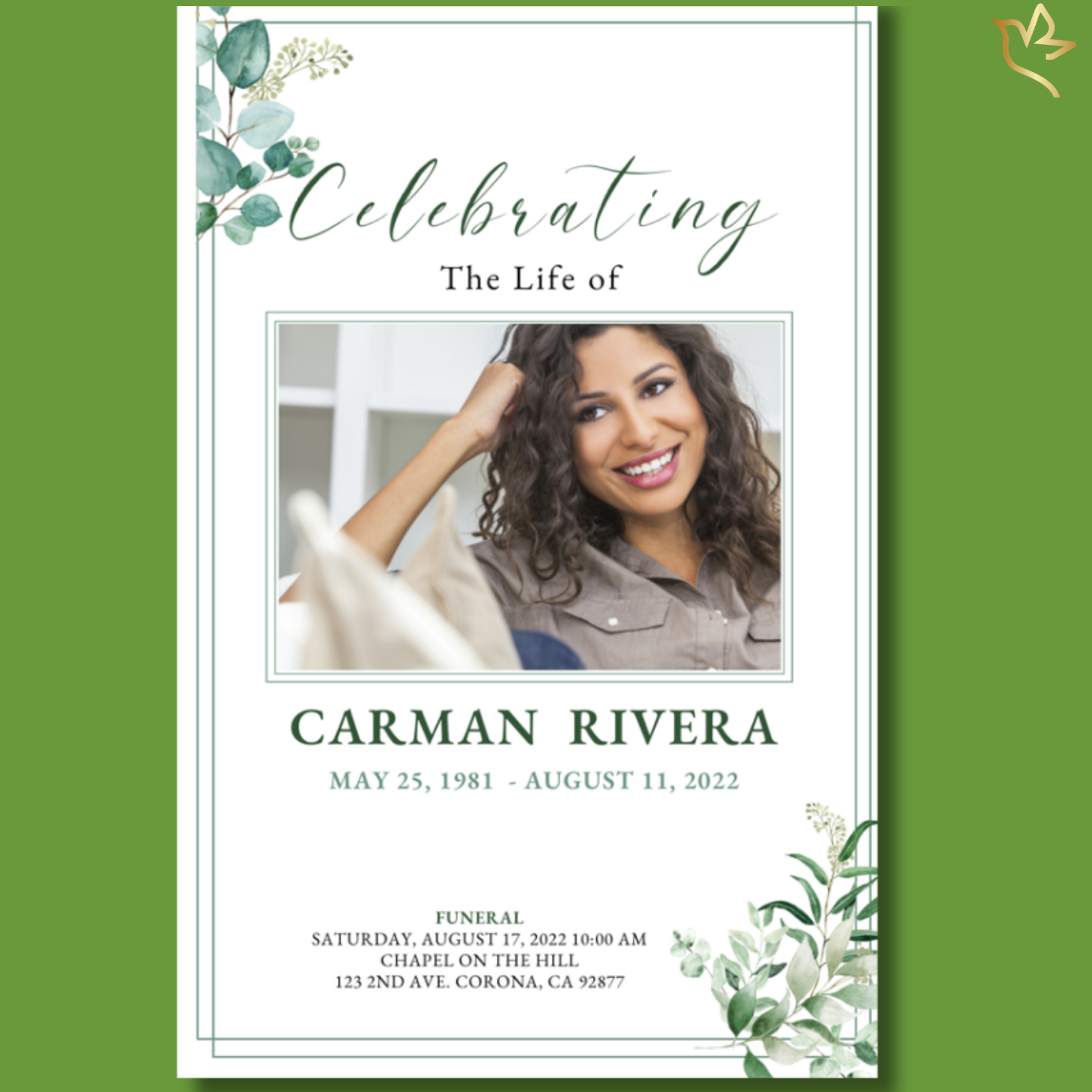 Front cover of Lovely Leaves Funeral Program Template featuring soft watercolor greenery and elegant typography.