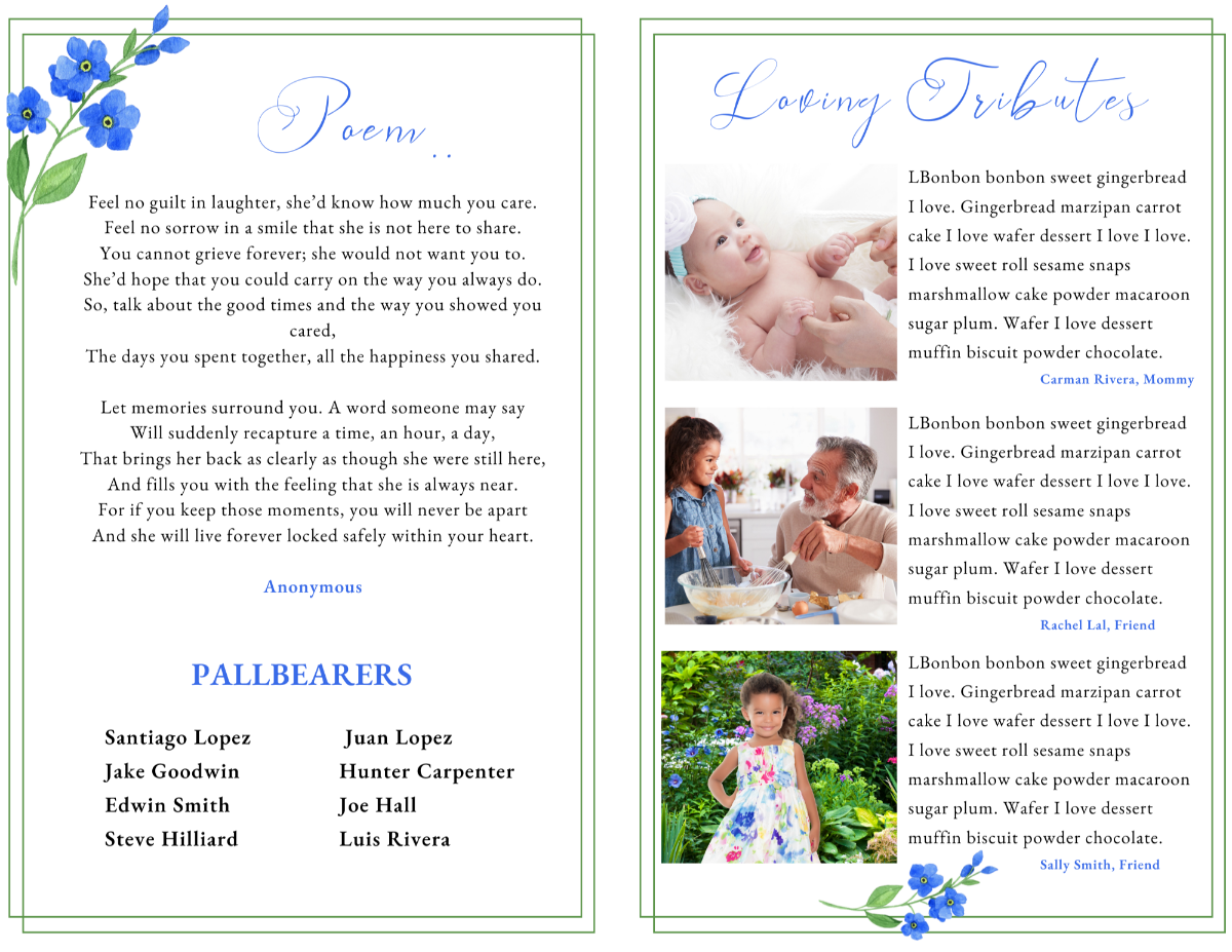 Poem and Loving Tributes layout with watercolor Forget Me Nots and photos of family moments, ideal for a child’s memorial service.