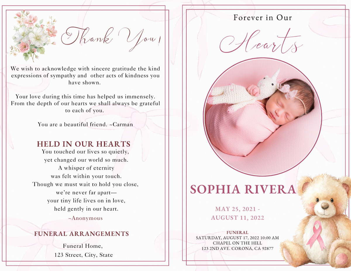 Open cover view of the Soft Baby Blossom funeral program showing the soft pink front cover with newborn portrait and teddy-bear illustration alongside the interior thank-you page.
