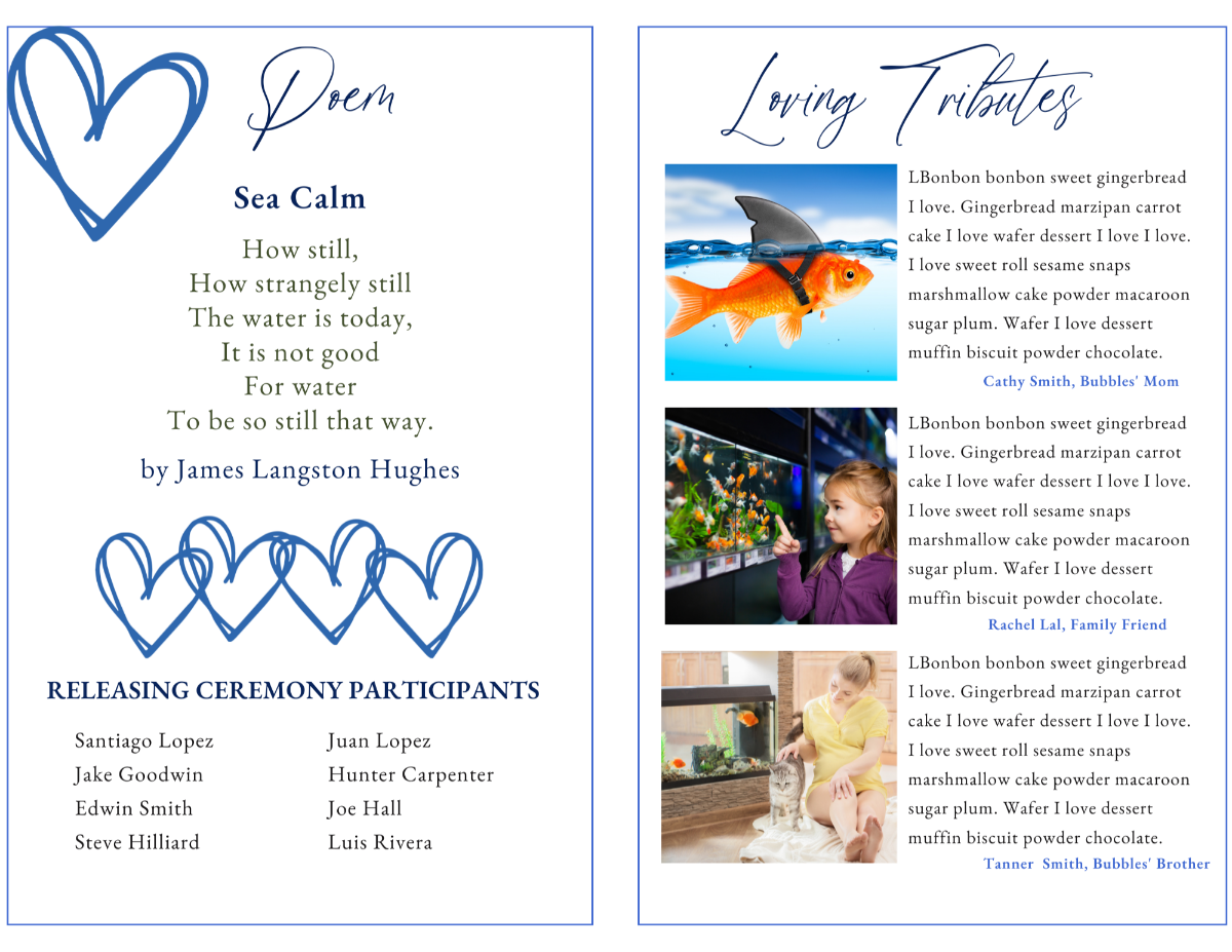 Poem and tribute layout with photos and gentle water-themed graphics.