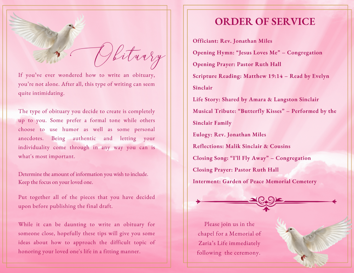 Heaven’s Angel Princess — Two-page spread featuring obituary text with white dove artwork on soft pink sky, and matching order of service layout with gold borders and decorative divider.