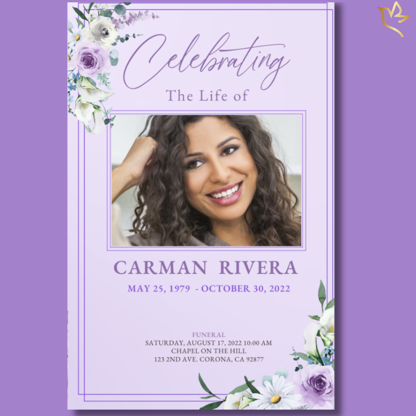 Soft lavender memorial cover with white and purple florals, framed portrait, gentle serif lettering, and a peaceful layout created to honor a beautiful life with grace and tenderness.