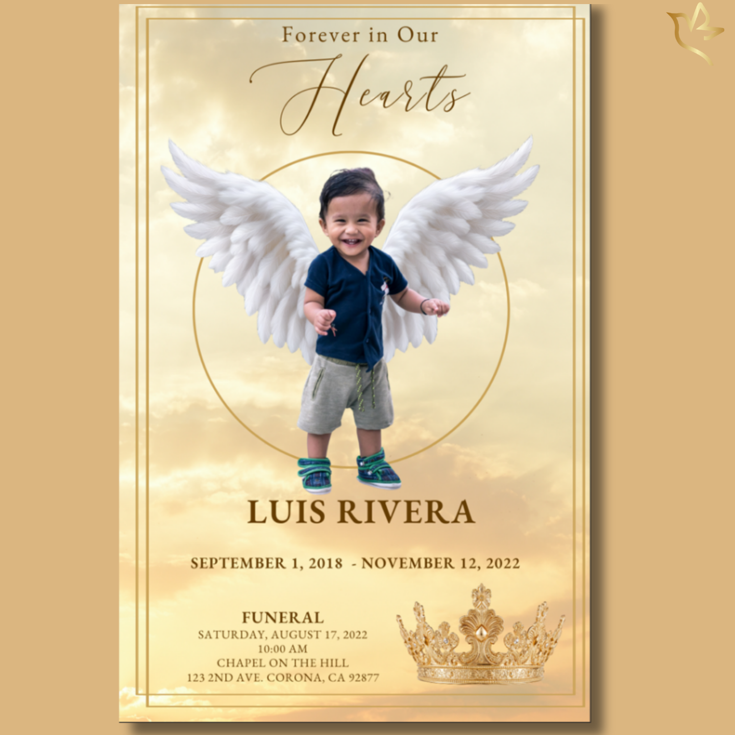 Child memorial program front cover featuring a golden sky, soft clouds, angel wings, and a toddler in white overalls, framed with elegant gold borders.