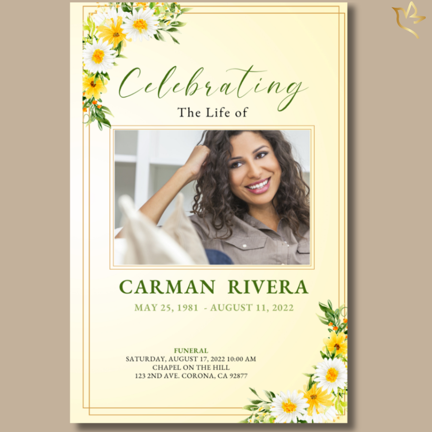 Soft yellow memorial program featuring cheerful white-and-gold florals, a warm photo frame, and a gentle cream gradient background. A bright, uplifting design to honor a life with tenderness and light.