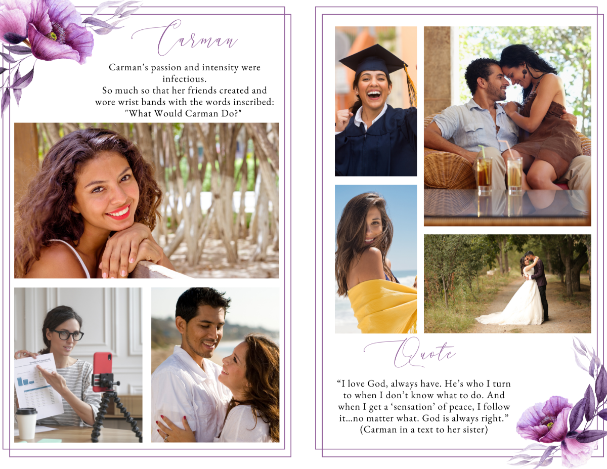 Photo collage pages from Vibrant Violets memorial program showing family moments and quote section.