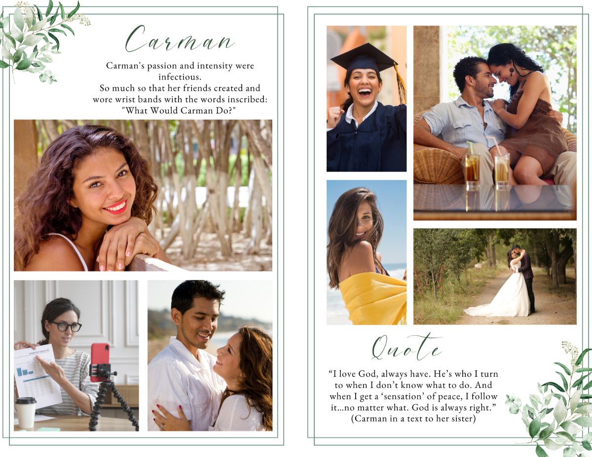 Photo collage page with soft watercolor leaf background — suitable for men, women, or children.