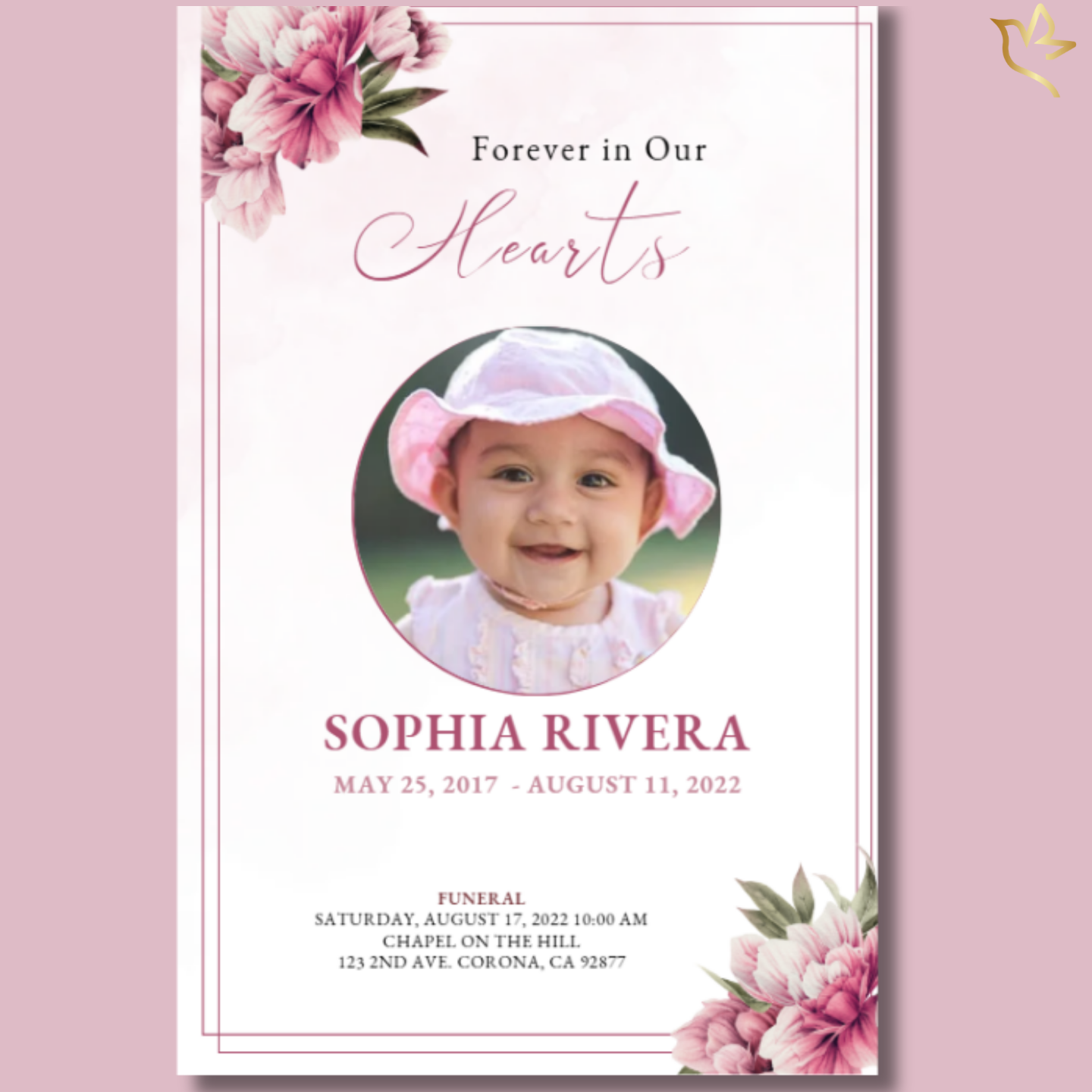 Thumbnail preview of the Pretty Peonies child funeral program with soft pink florals, framed portrait, and gentle watercolor background.