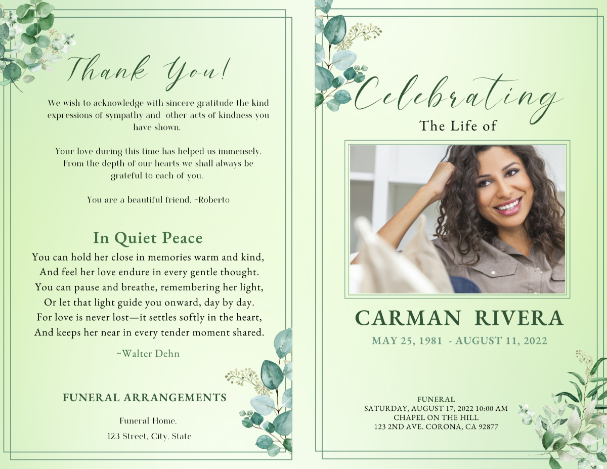 Two-page thank-you and cover spread in soft eucalyptus green featuring floral corners, framed portrait, and a gentle memorial poem.