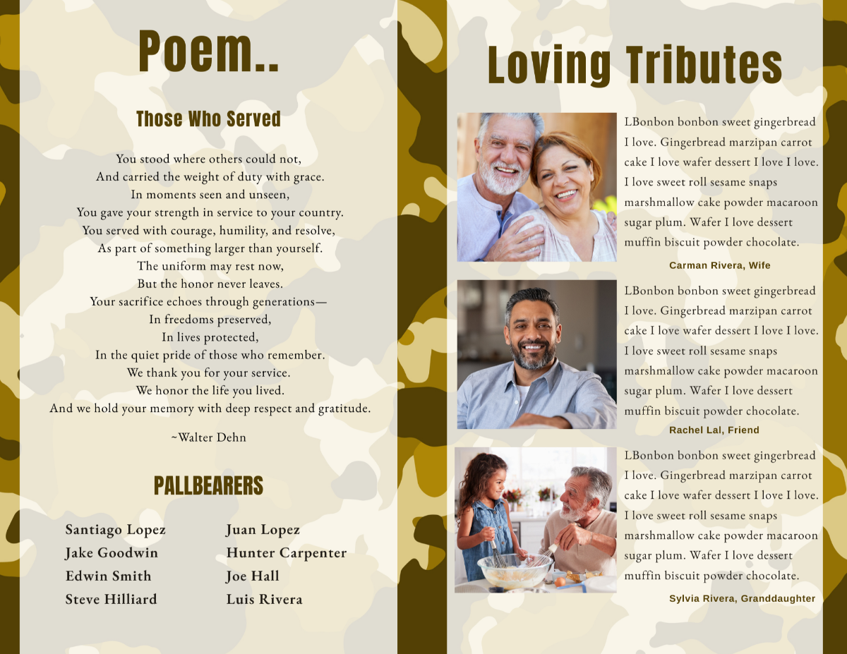 Interior pages displaying memorial poem, life tributes, and family photos with matching USMC-inspired layout.