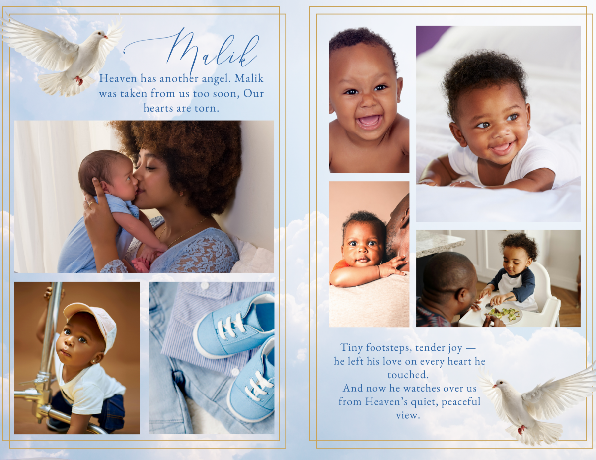 Interior photo collage featuring multiple baby and family photos arranged on a soft sky-and-cloud background with delicate gold frame.