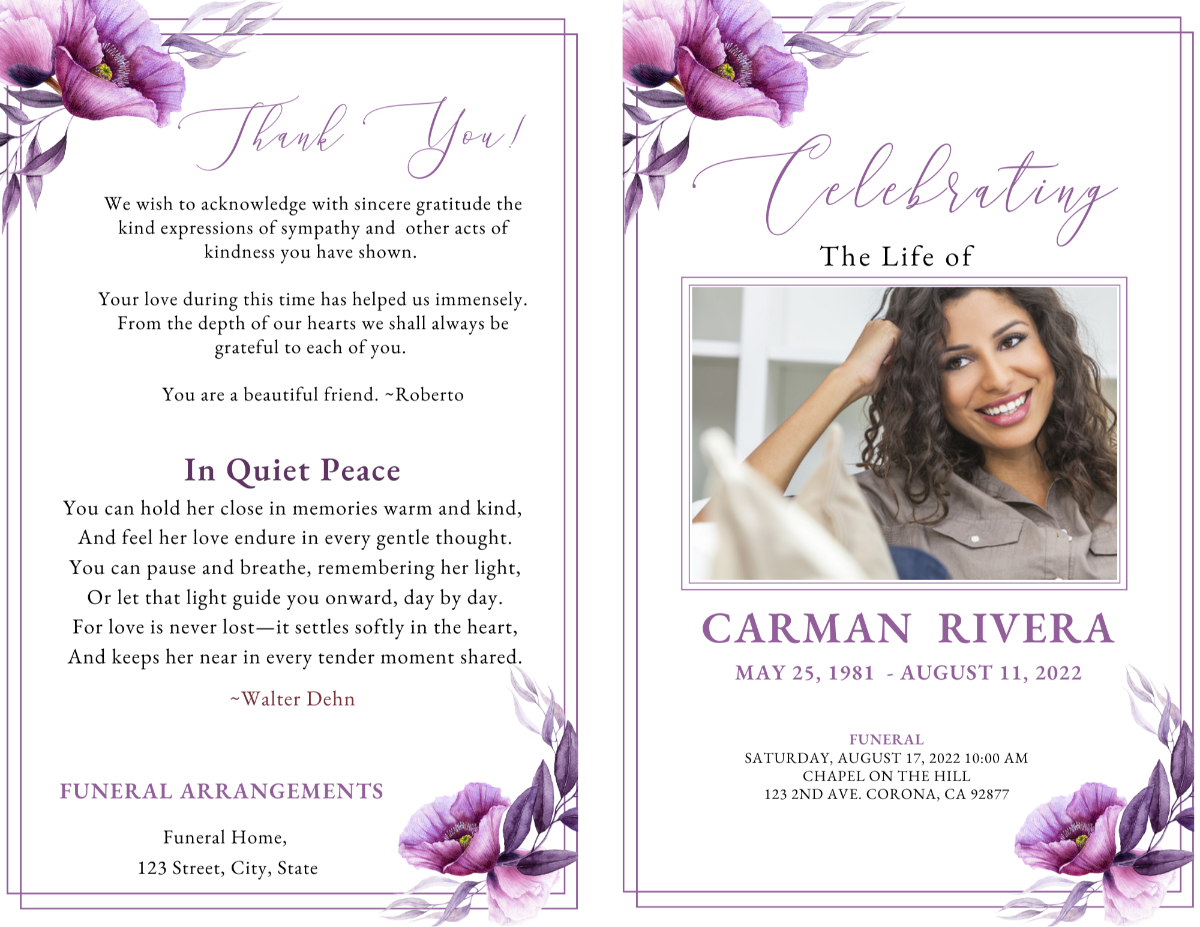 Program spread showing front cover and back thank-you page with violet floral accents.