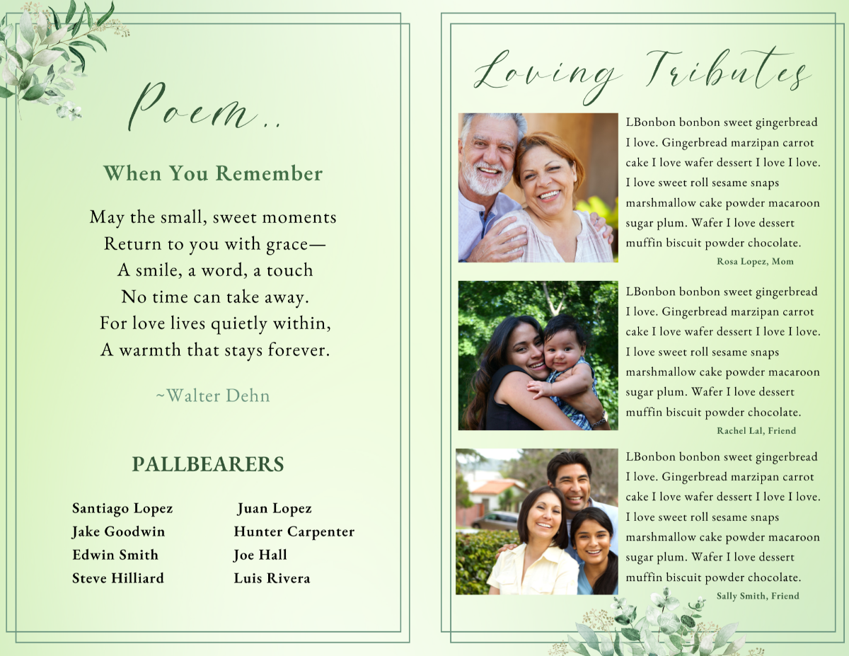 Poem and loving-tributes page with watercolor eucalyptus accents, a memorial poem on the left, and three family tribute sections with portraits on the right.