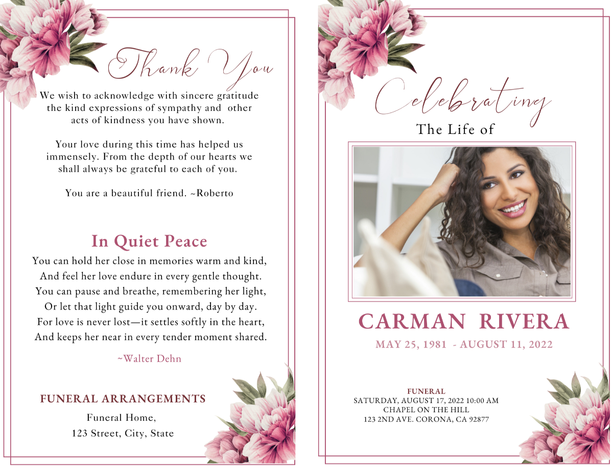 Open cover view showing the thank-you note on the back panel and the front photo framed with delicate pink peonies.