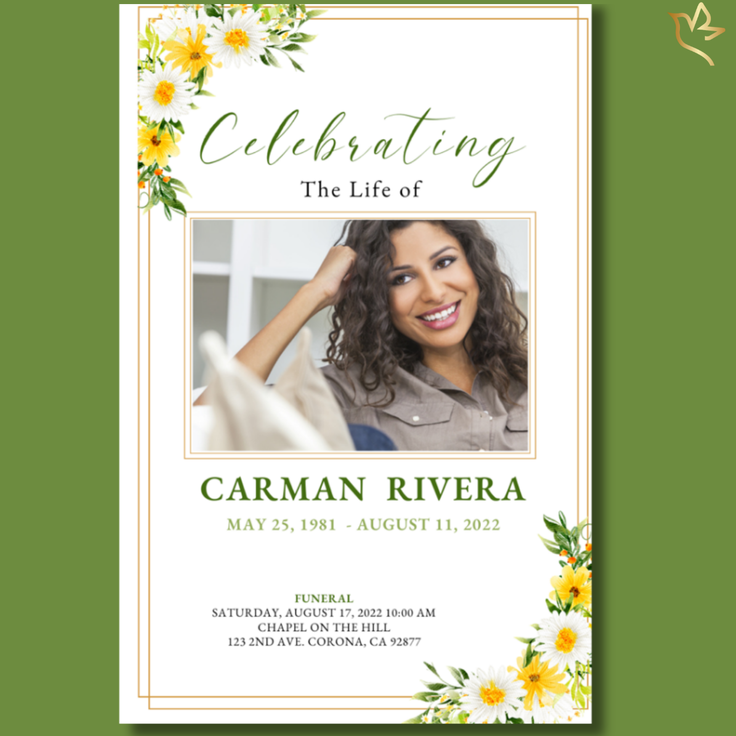 Front cover featuring yellow and white daisy floral border with smiling woman portrait and elegant green script title.