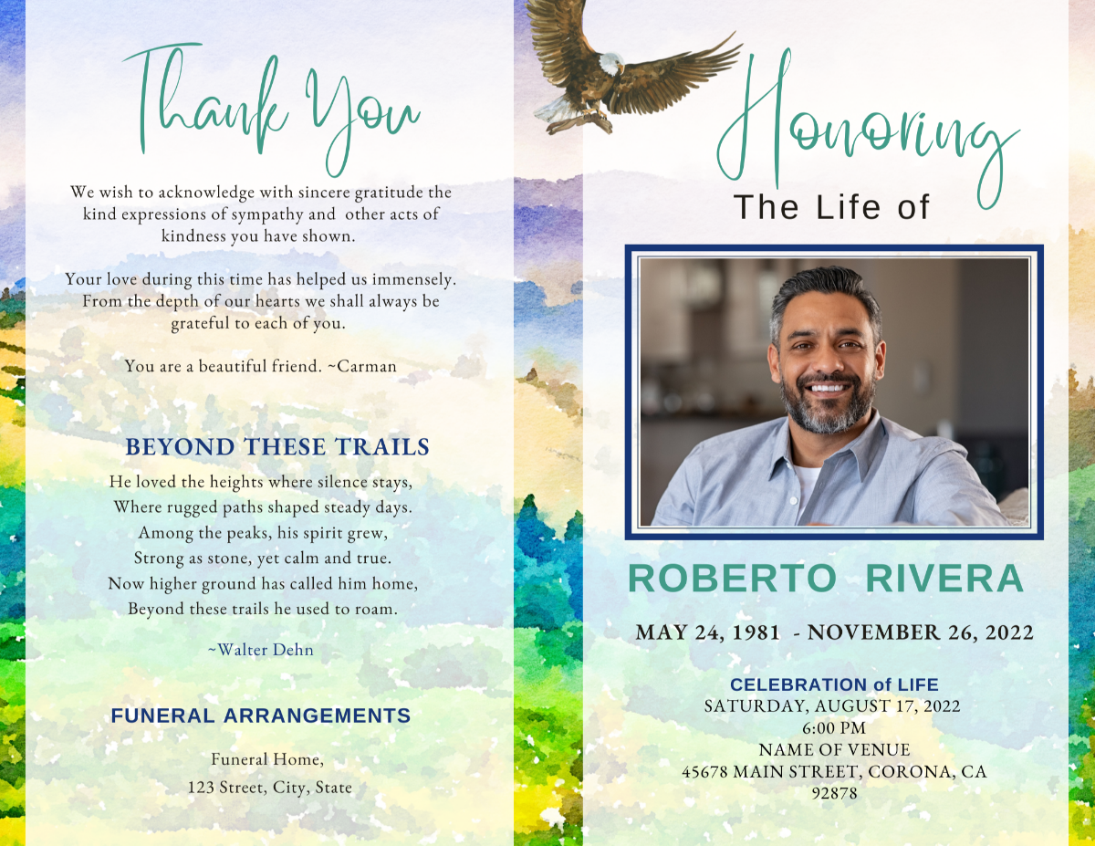 Program spread showing front and back pages with mountain landscape and serene blue-green tones.