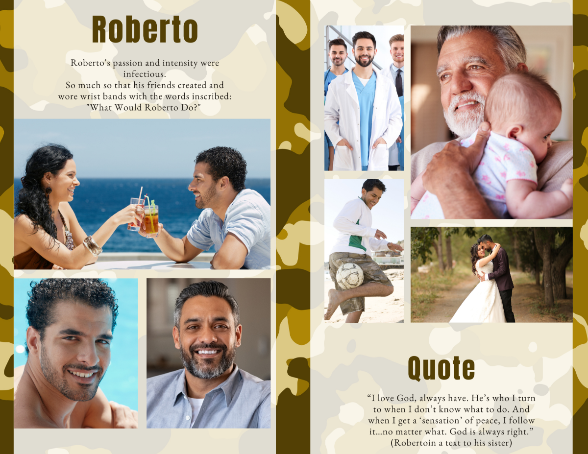 Photo collage page featuring multiple images and a memorial quote in a masculine U.S. Marine camo theme.