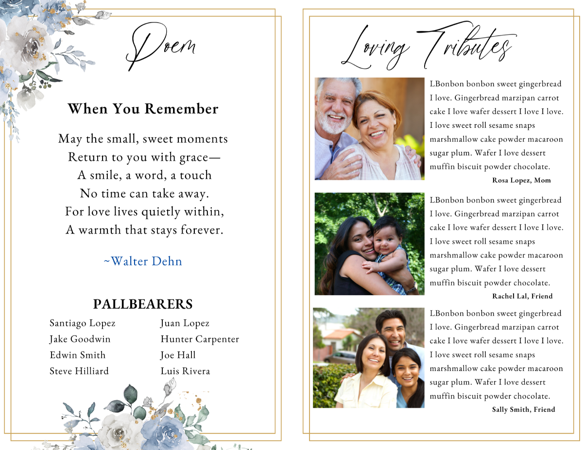 Interior spread from Faith and Hope funeral program showing poems and tributes surrounded by watercolor florals.
