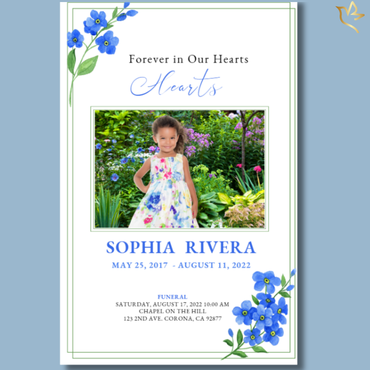 Front cover of Forget Me Nots Funeral Program Template featuring smiling child with soft blue floral border.