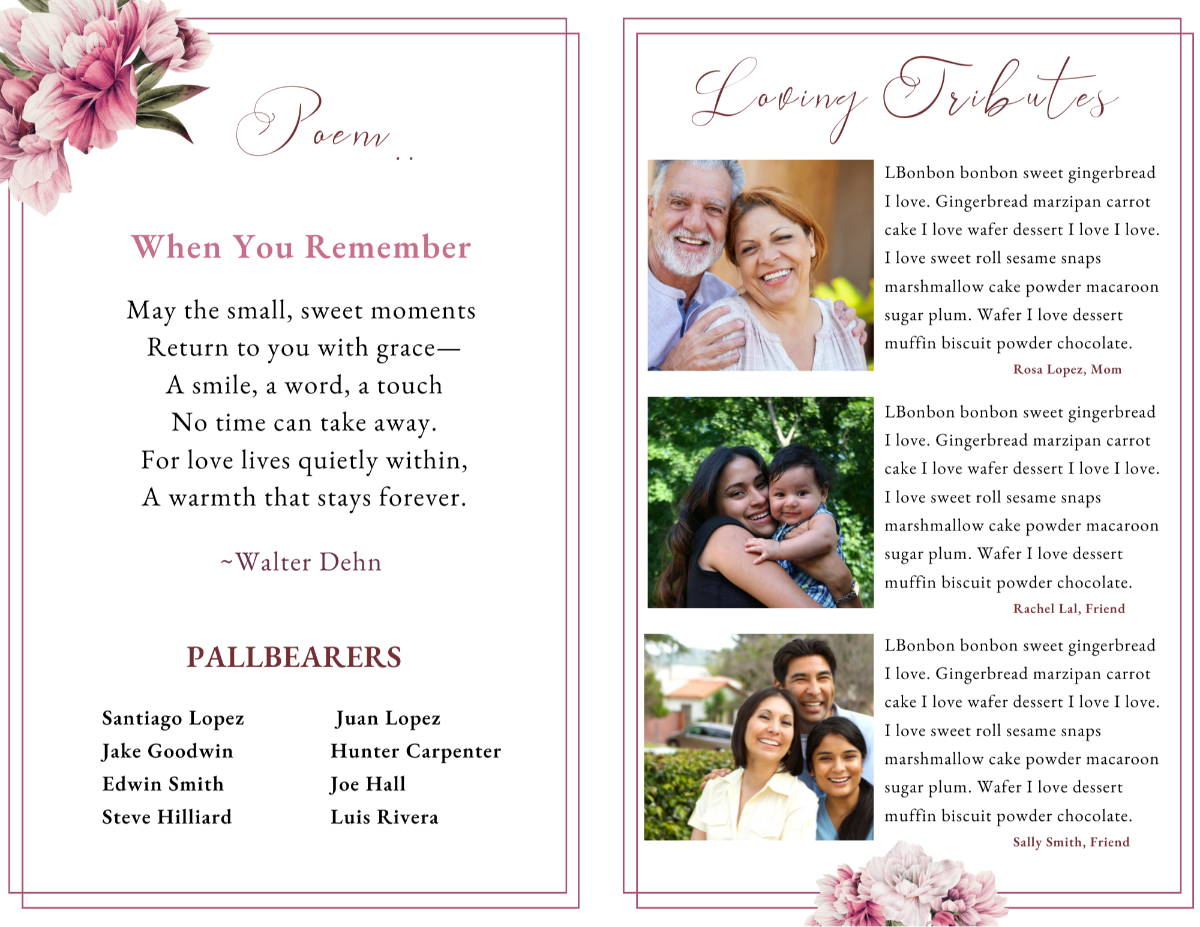 Center spread featuring the memorial poem, pallbearers list, and loving tributes, all decorated with graceful floral details.