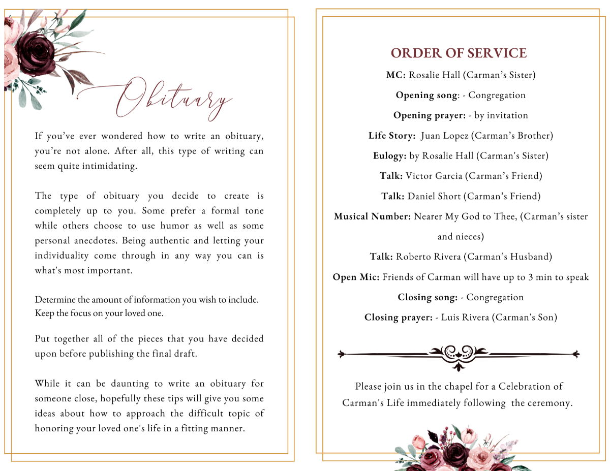Editable Red Rose Funeral Program Template – 4 and 8-page memorial layout with obituary and order of service, floral design, Canva printable