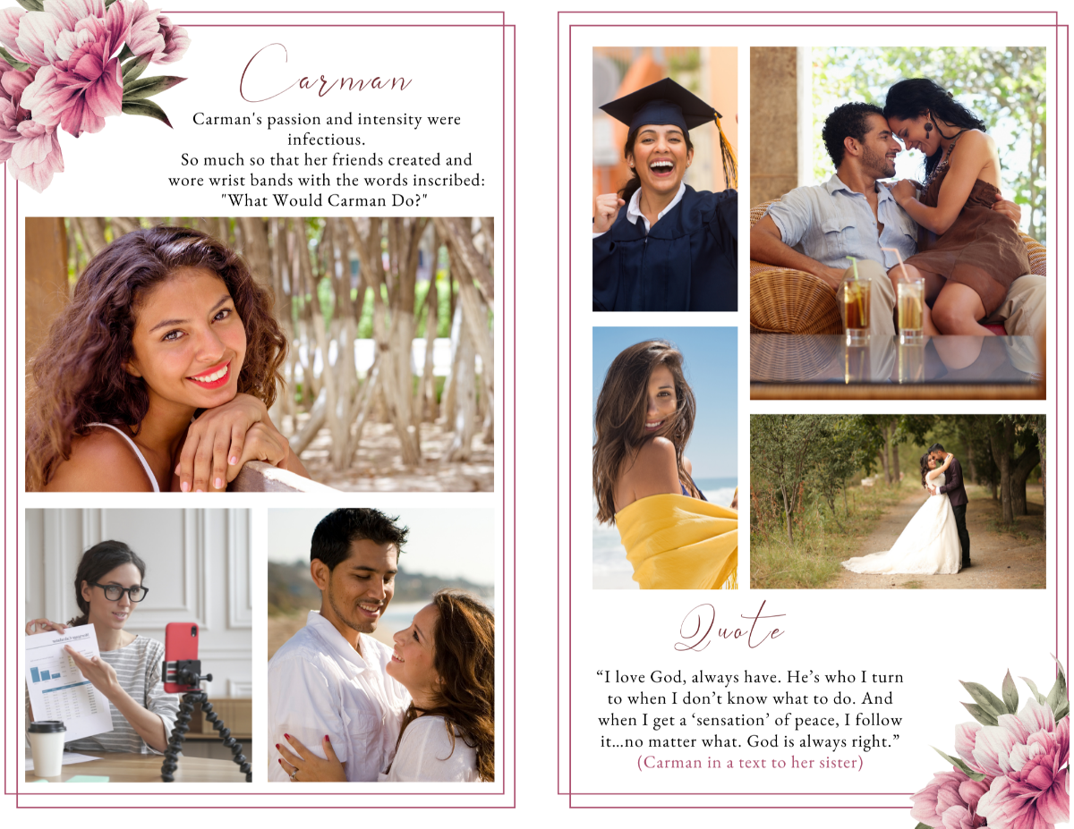 Photo collage page with space for a heartfelt poem or meaningful quote, highlighted with gentle pink peonies.