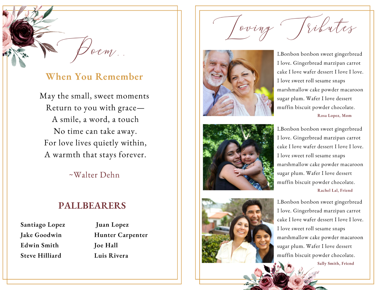 Red Rose Memorial Program Template – poem, loving tributes, and pallbearers page with elegant floral border and soft burgundy rose accents
