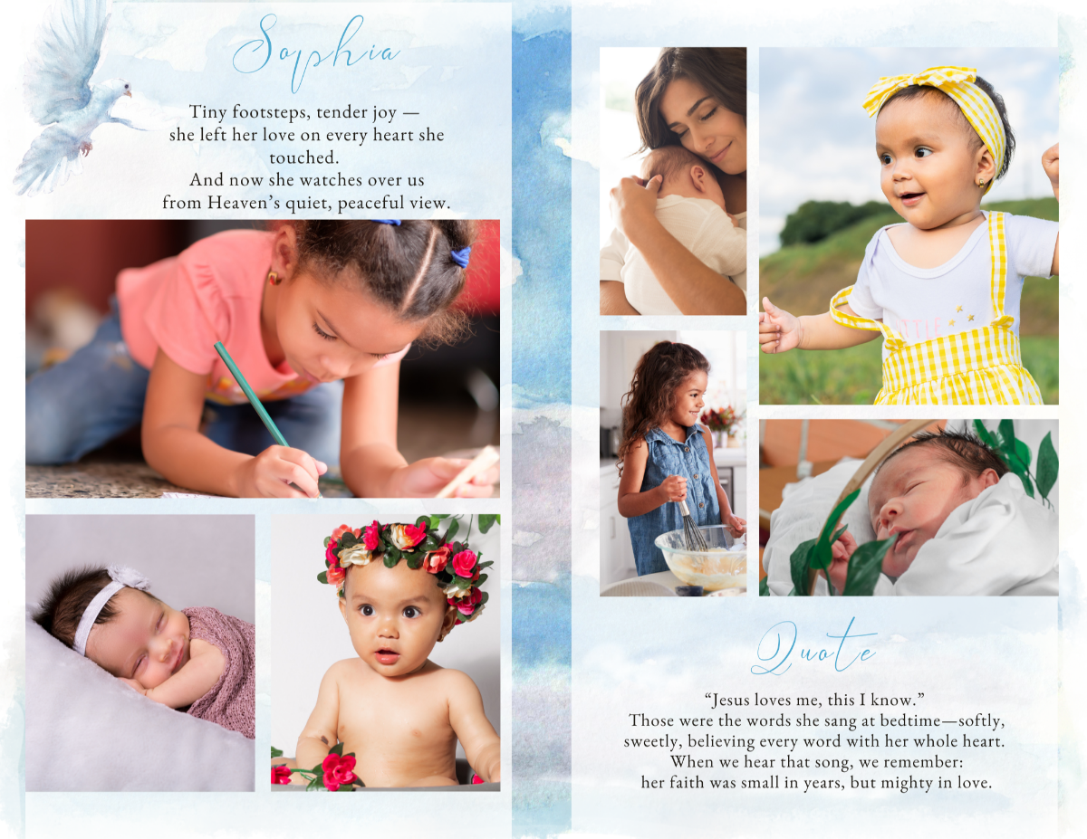 Multi-image memorial collage featuring family photos arranged over soft blue watercolor textures for a warm, personal tribute.