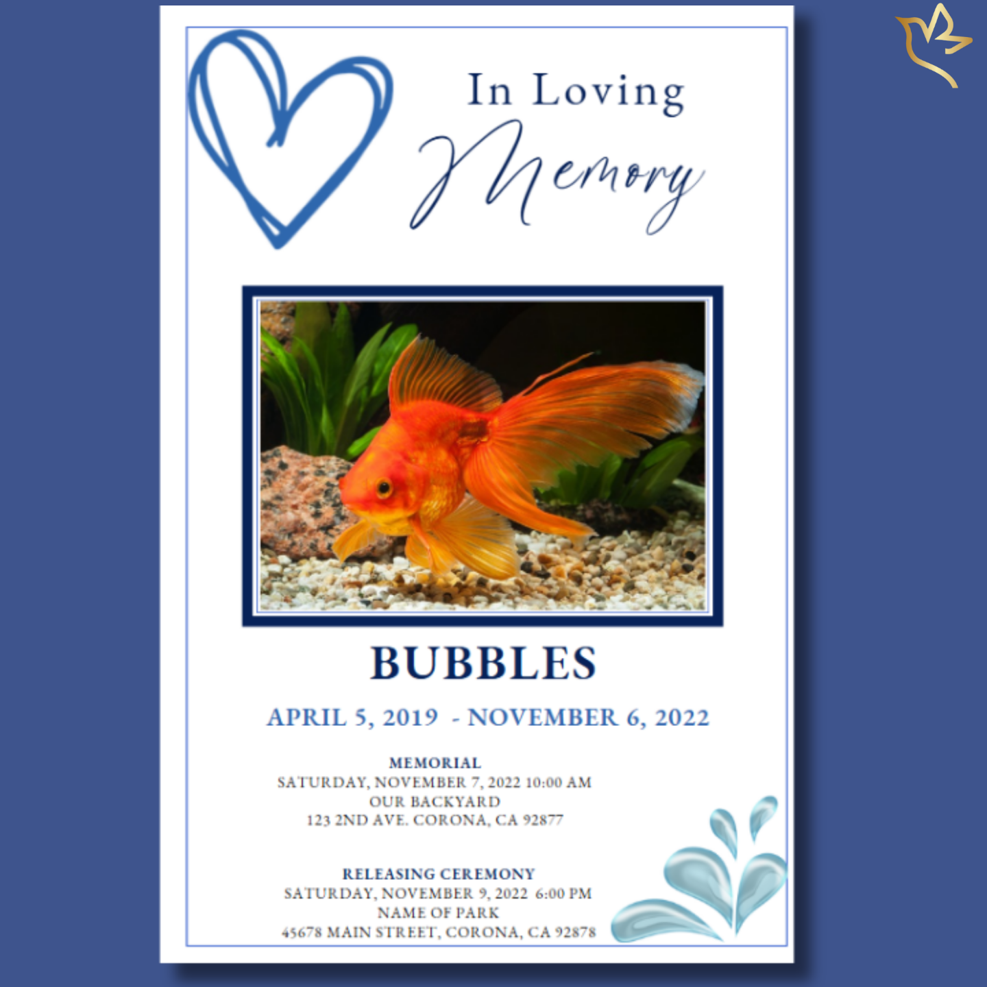 Front cover of Wet Pet Aquatic Funeral Program Template with serene blue water design and goldfish photo.
