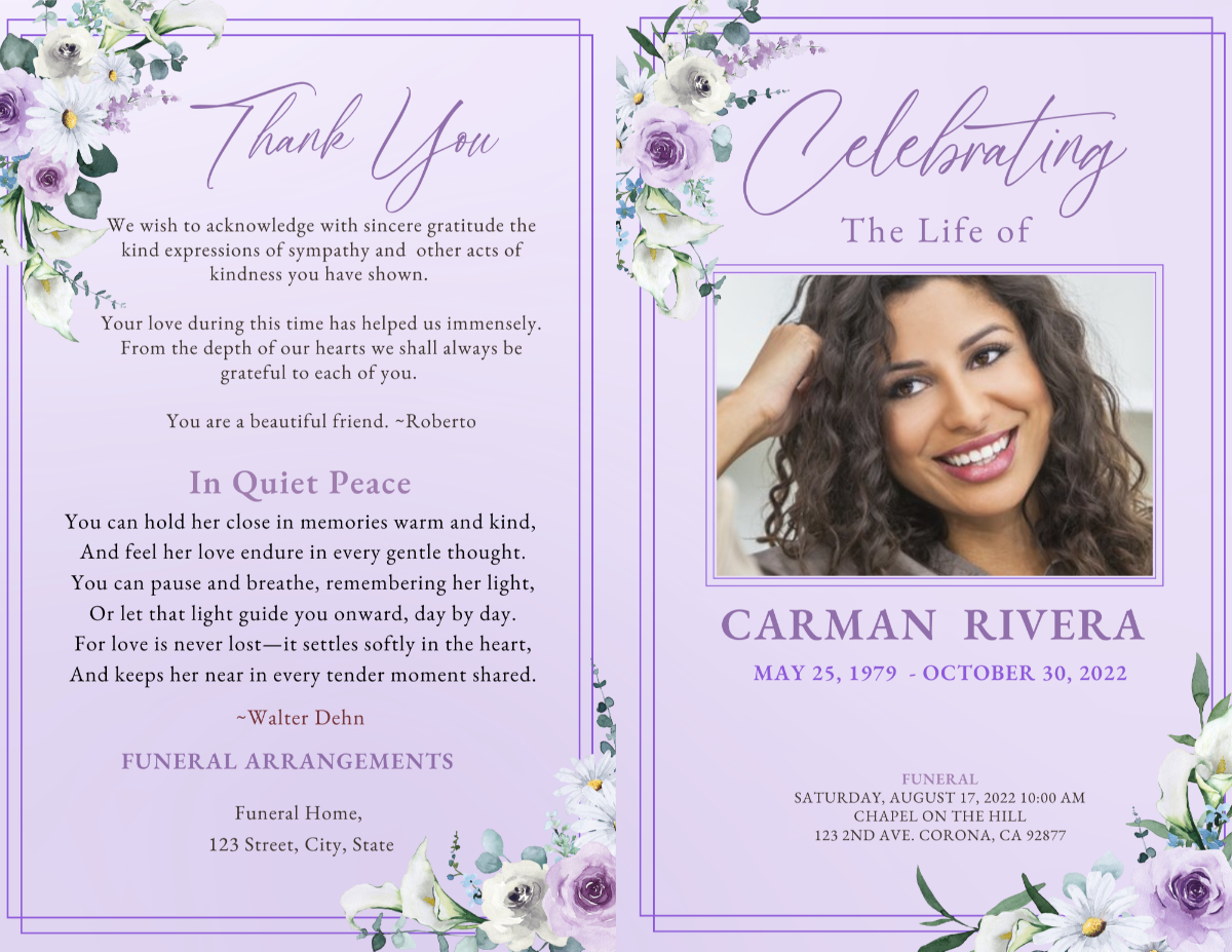 Two-page spread with a lavender background, floral accents, a thank-you message, memorial poem, and matching front-cover design featuring a framed portrait.