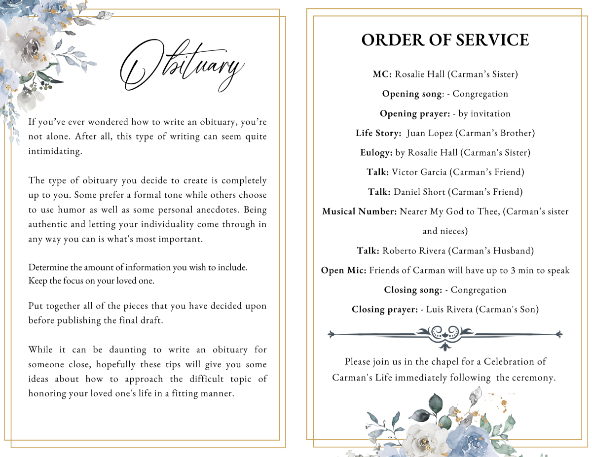 Obituary and order of service pages with soft blue-gray florals and refined gold borders.