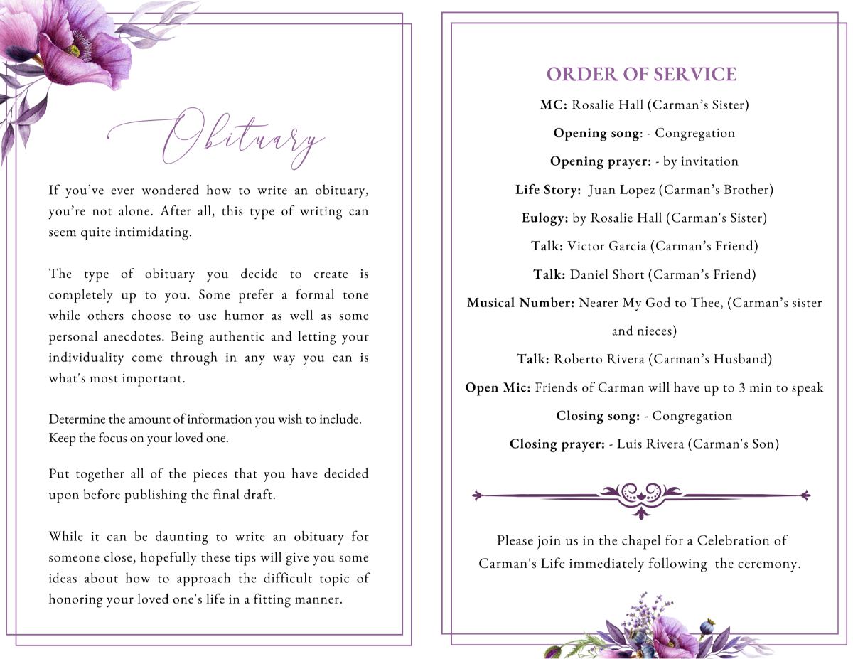 Obituary and order of service layout in soft lavender tones with matching violet blooms.