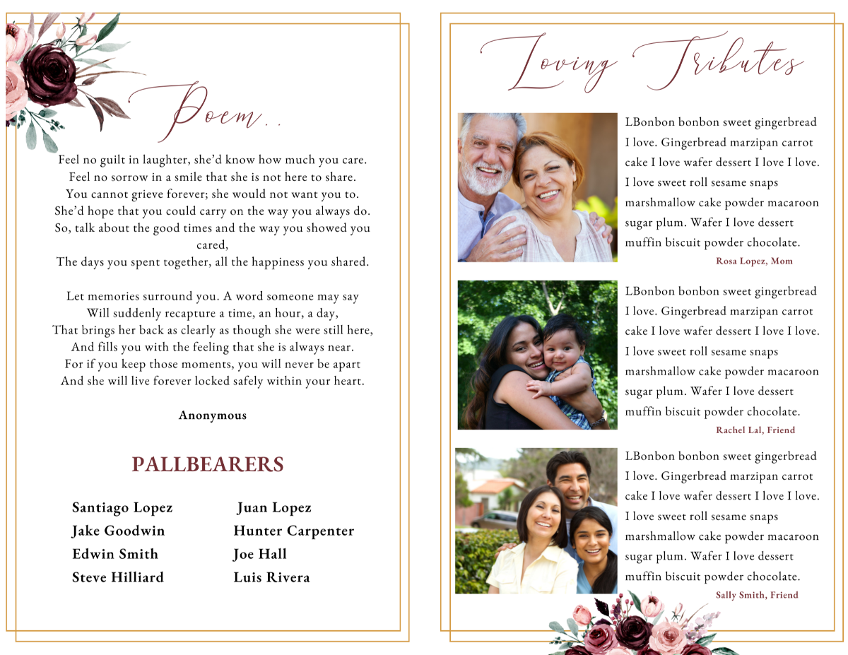 Red Rose Memorial Program Template – poem, loving tributes, and pallbearers page with elegant floral border and soft burgundy rose accents