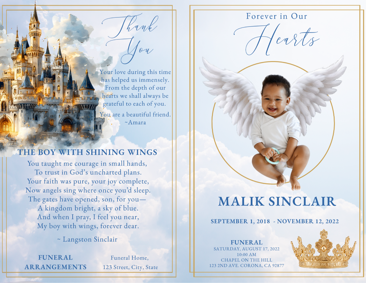 Child funeral program showing the front cover with blue sky, golden crown, and angel wings, paired with the back cover featuring thank-you message and poem over soft cloud background.