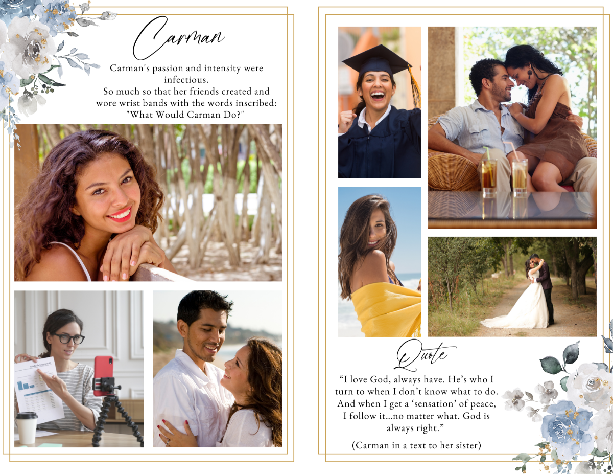 Photo collage pages from Faith and Hope memorial program displaying family moments and gentle floral details.