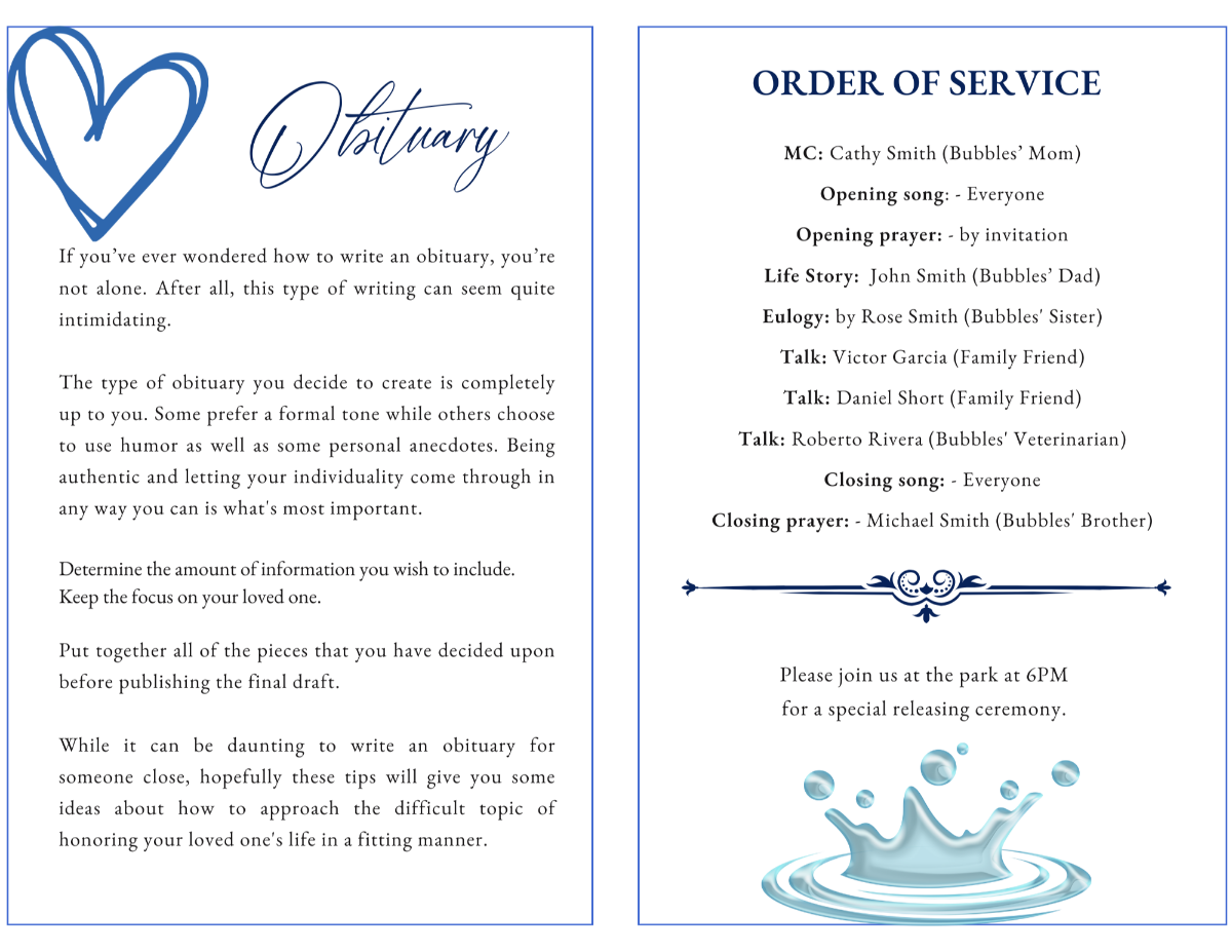 Interior pages featuring obituary and order of service framed by calm aquatic tones.