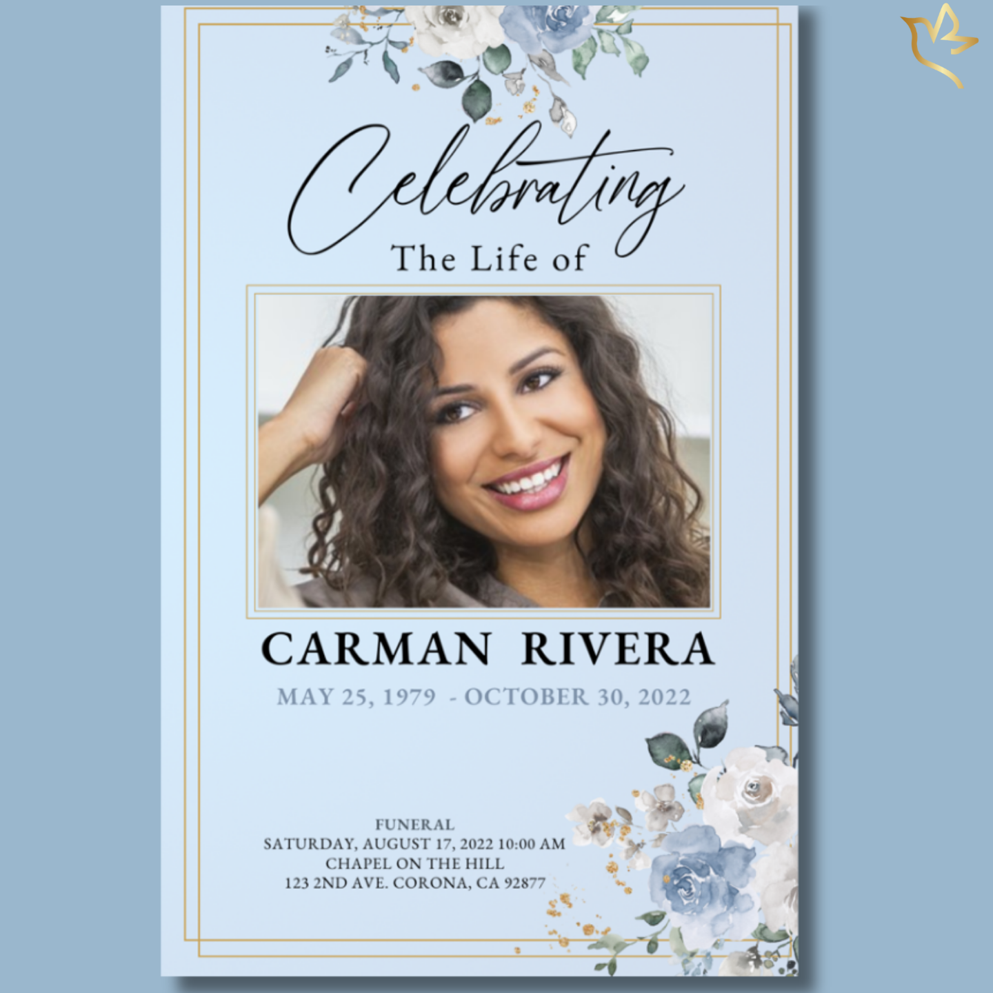 Elegant blue-floral funeral program cover featuring soft watercolor flowers, gold frame accents, and a centered portrait in a light sky-blue background. Clean, uplifting memorial layout.